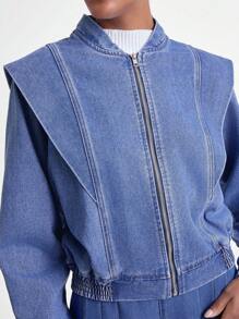 Daynim 女士休闲长袖宽松拉链牛仔夹克外套 - 中等水洗藍 - 查看 6