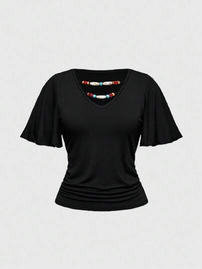 Hippie Camiseta holgada de manga corta con volantes, efecto de cuentas de turquesa falsa, con estilo hippie retro Y2K