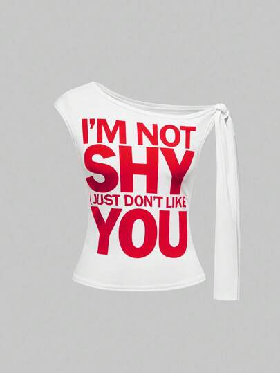 Street Life Y2K Chic Street Style Slogan Print Asymmetric Shoulder Tie Fitted Women T-Shirt