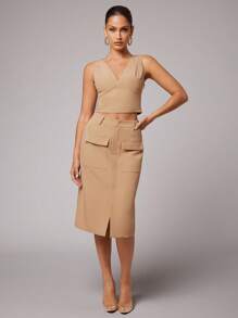 Silquee Women's Elegant Office Camel Summer Business Casual Khaki V-Neck Sleeveless Vest & Mid-Length Cargo Pocket Front Slit Skirt Suit Sets,Slim Woven Suits - Khaki - View 4