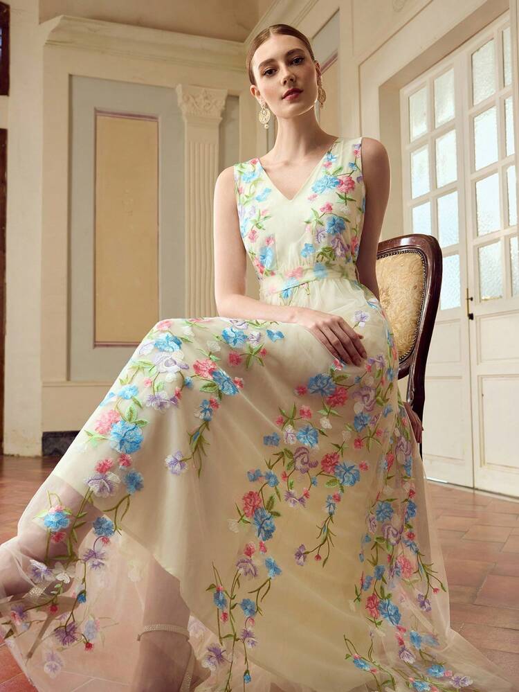 ZEYLAH FLORAL EMBROIDERY CONTRAST MESH DRESS