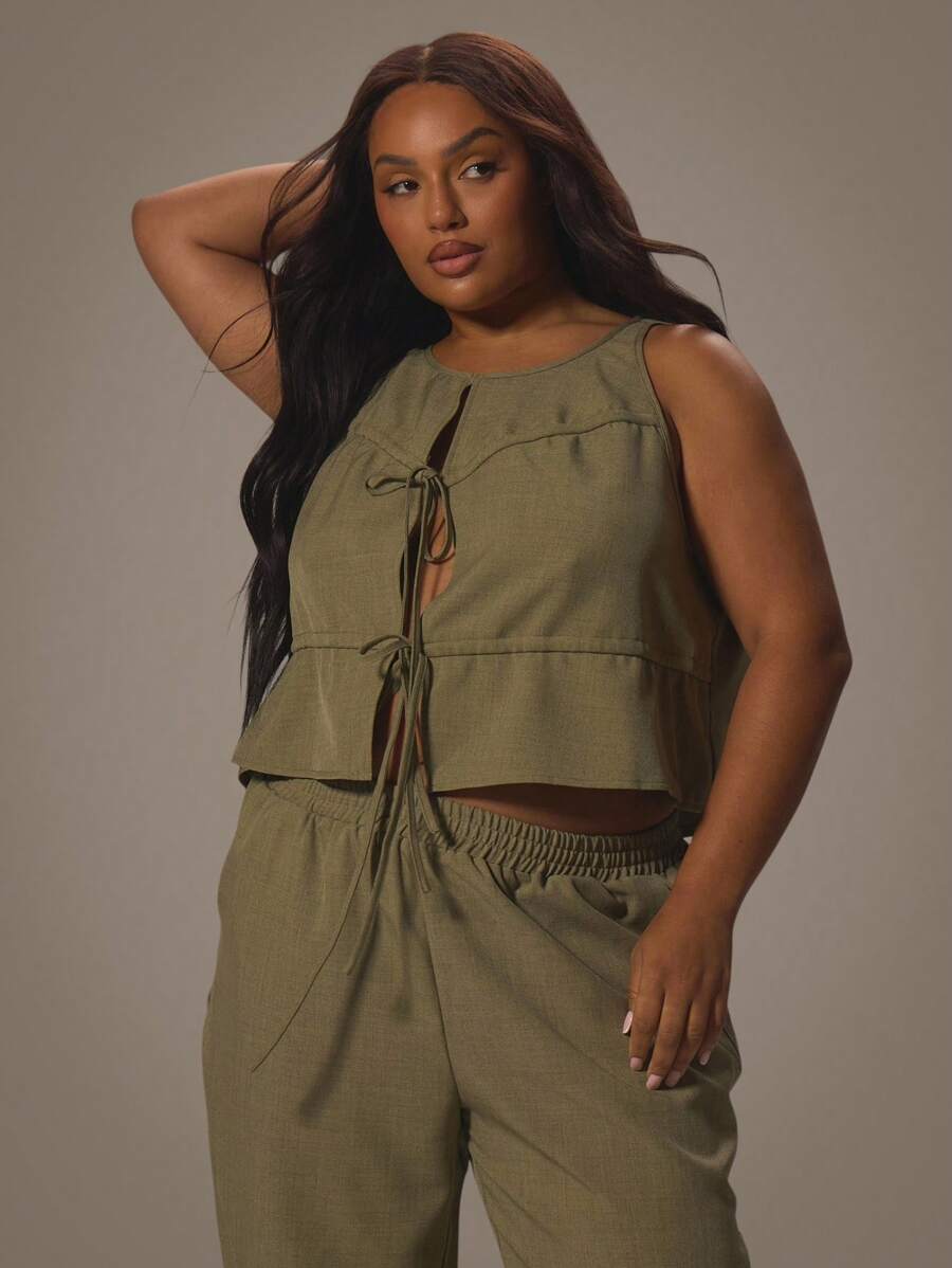 MUSERA Plus Ruched Tie Front Loose Fit Linen Look Top Holiday Swim Sexy Romantic Elegant Vanilla Spring Summer - Army Green - View 1