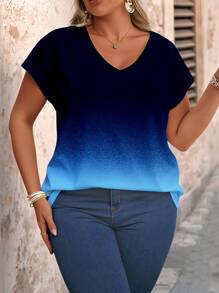 SHEIN LUNE Plus Size V-Neck Gradient Short Sleeve T-Shirt, Casual Summer - Multicolor - View 3