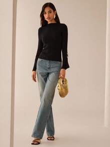 Lilora Long Sleeve Slit Metal Decor Bodycon Sweater In Fall/Winter - Black - View 4