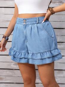 EMERY ROSE Plus Size Women Casual Wash Denim Shorts, Asymmetric Pocket & Ruffle Hem, Summer