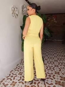 Melissa Matos 女士优雅通勤奶油黄色单排扣背心和裤子休闲套装 - 黃色 - 查看 2