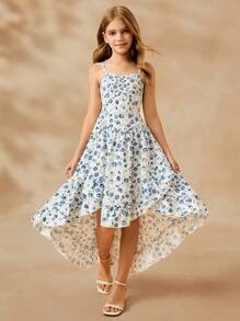 青少年女孩无袖多层荷叶边下摆碎花数码印花优雅派对连衣裙 - 藍色 - 查看 7