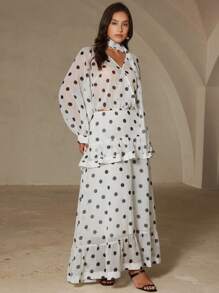 Aveloria Rosie Elegant Romantic Bohemian Ribbon Contrast Color Polka Dot Chiffon Blouse With Skirt 2 Pieces Set, Plus Size