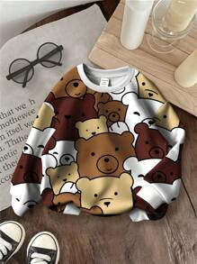 SHEIN 男婴休闲宽松圆领柔软针织舒适卡通熊印花套头卫衣 - 彩色 - 查看 2