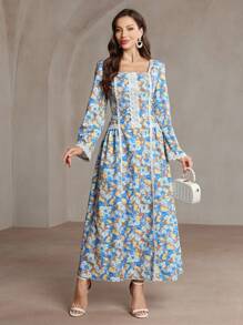 Al Najma Women's Gorgeous Printed Square Neck Tie-Waist Arabian Dress