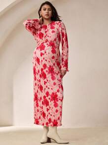 MaterniWear 孕妇花卉印花圆领长袖褶皱优雅连衣裙 - 粉色 - 查看 4