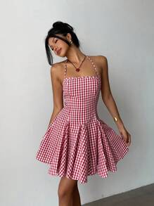 Aloruh 女式性感可爱红白格子挂脖褶边迷你连衣裙 - 彩色 - 查看 2
