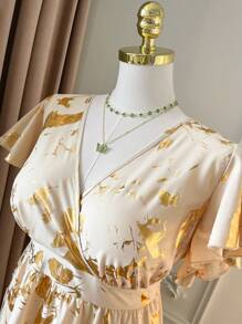 Rometta Vestido largo con cuello en V, volantes y estampado de lámina de oro elegante para mujeres de talla grande - Albaricoque - Ver 3