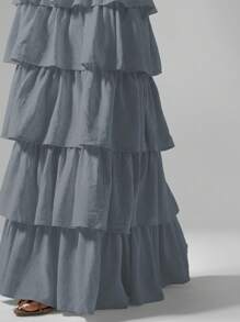 MISSGUIDED Chân váy Maxi xếp tầng dài xếp nếp dài chấm đất bằng vải lanh mùa hè có cạp chun co giãn theo phong cách nông dân Bohemian lễ hội mùa xuân - Xám - Xem 5