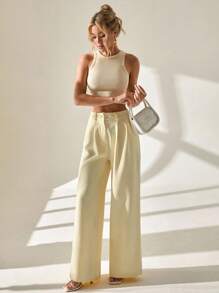 CLARA VERO Pantalón de traje elegante de pierna ancha y plisado en color amarillo mantequilla para mujer