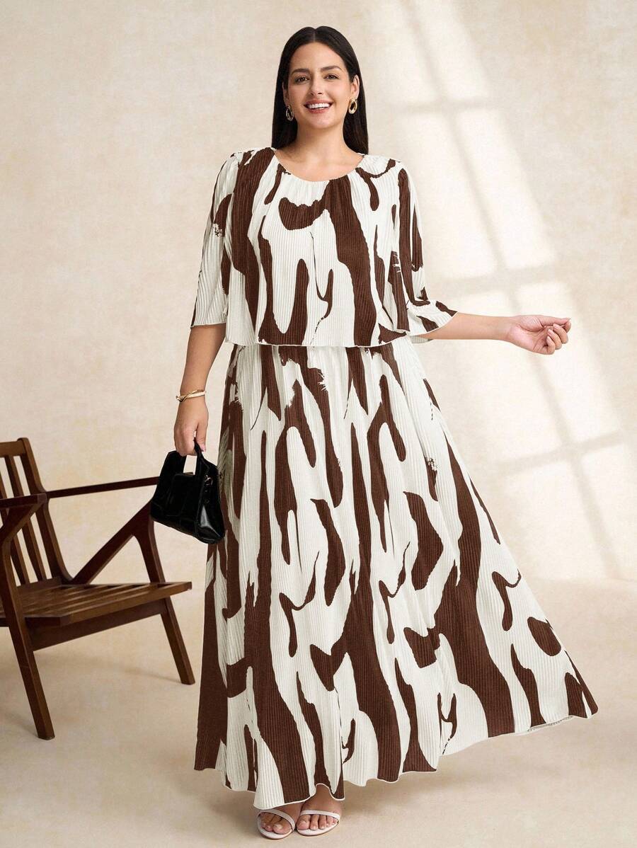 Chikora Vestido de verano de gasa con fruncido y estampado geométrico elegante para mujer de talla grande - Marrón - Ver 1