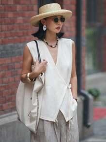 DAZY 女士亚麻风格宽松休闲度假无袖背心，春夏亚麻上衣女士白色无袖上衣亚麻夏季亚麻上衣无袖裹身上衣 - 白色 - 查看 5