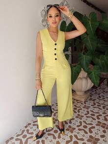 Melissa Matos 女士优雅通勤奶油黄色单排扣背心和裤子休闲套装 - 黃色 - 查看 5