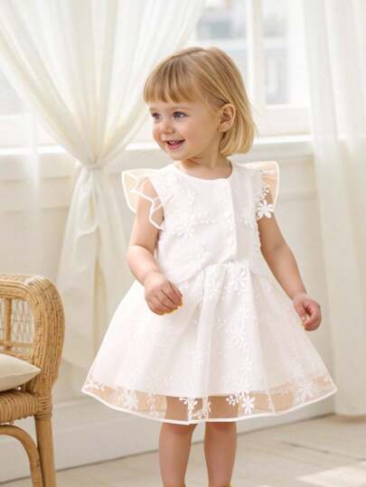 Souflis Souflis 嬰兒花卉刺繡荷葉邊網紗覆蓋連衣裙