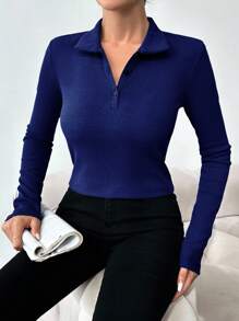 RueChic Polo Neck Ribbed Knit Tee - Navy Blue - View 3