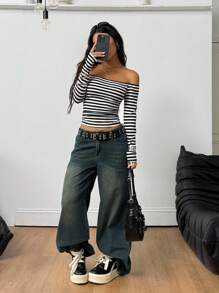 Coolane 女士日常外出穿的垃圾摇滚风灰黑条纹针织露肩长袖T恤 - 黑與白 - 查看 5