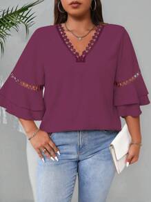 Celure Plus Size Women V-Neck Flare Sleeve Loose Fashion Blouse