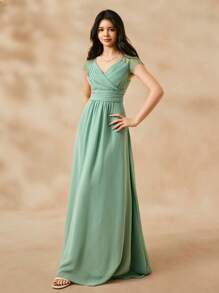 SHEIN 伴娘雪纺蕾丝盖袖 V 领 A 字长裙，优雅风格，适合少女参加婚礼、庆典、表演、生日派对