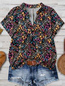 EMERY ROSE 大码女式夏季碎花袖V领休闲衬衫 - 彩色 - 查看 1