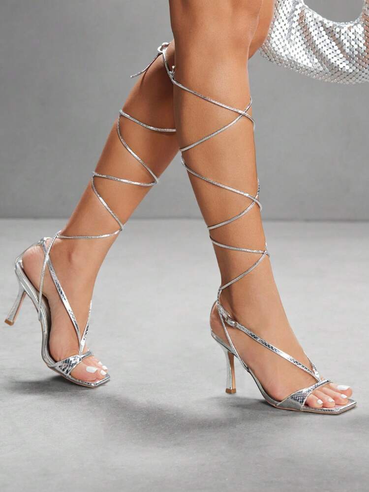CUCCOO SZL Women's Square Toe Silver Snake Print Strappy Decoration Wrapped Ankle Party High Heel Sandals, Fashionable And Sexy