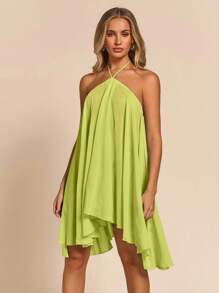 Glamine Vestido de verano con diseño asimétrico y escote en la espalda para mujer, de estilo casual y sexy para la playa y vacaciones, de unicolor