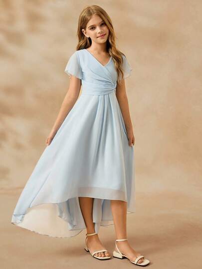 Girls' Elegant V-Neck Sleeveless High Waist Long Asymmetrical Hem Chiffon Blue Dress Fall Winter