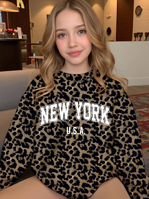 SHEIN Leap Crew Casual Minimalist "New York" Letter & Leopard Print Allover Graphic, Tween Girls Loose Fit Crew Neck Comfortable Long Sleeve Sweatshirt,In Fall/Winter