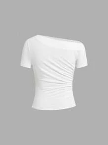 Ellevyn Camiseta de mujer casual de cuello asimétrico arrugado, para el verano - Café integral - Ver 8