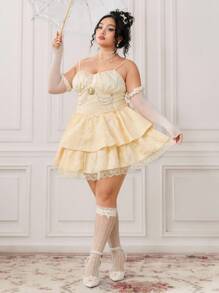 ROMWE EDITION Vestido elegante sin mangas con aplicaciones de encaje para talla grande, de verano - Albaricoque - Ver 4
