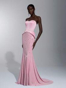 Elitara Elegant Luxurious Pink Satin Handmade Rhinestone Embellished Strapless Mermaid Hem Dress,Suitable For Dates,Parties,Galas,Formal Events&Balls - Baby Pink - View 1