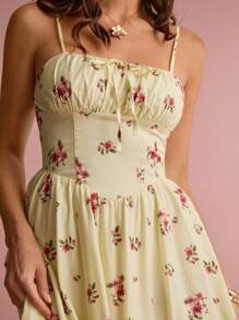 Enchnt Summer Romantic Women's Elegant Butter Yellow Ditsy Floral Spaghetti Strap Casual Midi Dress, Suitable For Vacation,Sweet&Elegant For Vacation&Date&Holiday&Party&Graduation&Wedding Guest&Beach,Prom Dress,Summer Dresses For Women,Summer Clothes, ,Elegant Dresses For Party,Bohemian Clothes - Pink - View 2