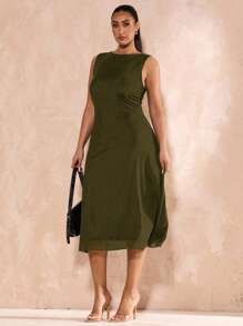 SHEIN BAE 大码女式黑色网眼优雅中长款紧身 A 字针织连衣裙，适合毕业典礼、婚礼、法式风格、晚礼服、生日派对、伴娘、简约优雅日常连衣裙、婚礼、伴娘、鸡尾酒会、派对礼服 - 軍綠色 - 查看 3