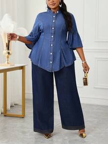 SHEIN Lady Blusa jeans plus size casual com botões frontais e lavagem - Lavagem escura - Ver 6
