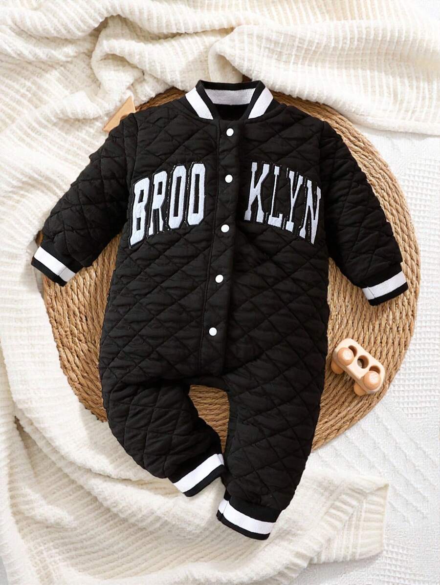 SHEIN Baby Boy's Letter Embroidered Jumpsuit - Black - View 1