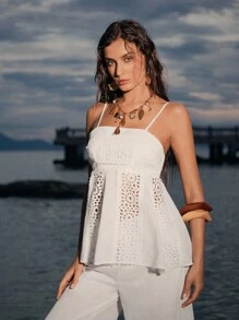 Lumivelle Women's Summer Vacation Style Lace Patchwork Camisole Cover Up Set - Beige - View 3