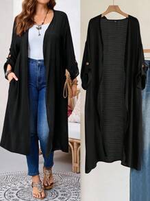 SHEIN Tall CURVE 大尺碼女款秋冬辦公室婚禮度假晚餐外出長款開襟大衣，黑色秋季商務休閒寬鬆優雅 - 黑色 - 查看 8