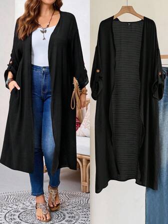 EMERY ROSE Plus Size Women Black Color Roll Up Sleeve Casual Long Jacket Holiday Outfits Boho,Autumn,Fall Women's Clothes,Fall Clothes,Country Concert Clothing Outfits,Fall Women Clothes