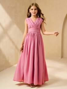 SHEIN Tween Girls' Solid Color Pleated V-Neck Sleeveless Party Dress - Baby Pink - View 1