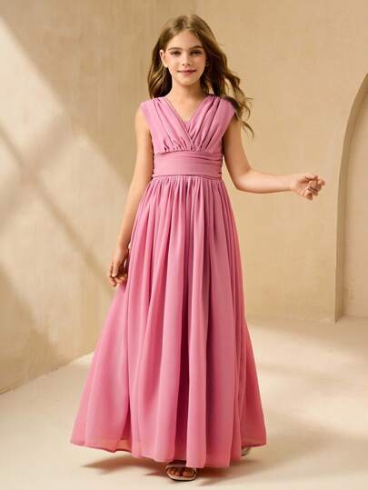 SHEIN 女童纯色褶皱V领无袖派对连衣裙