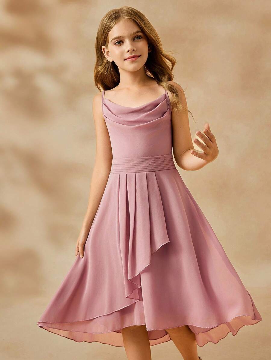 SHEIN Elegant Flower Girl Dress For Wedding, Party, Pageant, Sizes For Tween Girl, Chiffon Spaghetti Strap Ruffle Prom Gown, Girls Princess Style Ball Gown - Pink - View 1