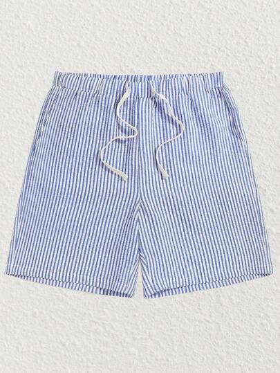 Manfinity VCAY Pantalones cortos de verano casuales de cintura con cordón, a rayas tejidos para hombre, de vuelta al colegio