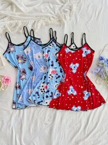 SHEIN Set de 4 piezas de camisola de noche con estampado de animales de dibujos animados para mujer