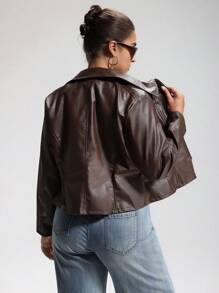 LYSMO Plus Size Casual Retro Brown Double Zipper PU Leather Jacket Brown Leather Jacket Women Winter Fall Autumn - Brown - View 2