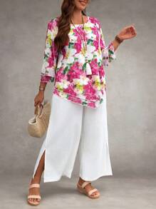 EMERY ROSE Plus Size 2 Pieces Set Floral Print Round Neck Double Ruffle Trim Blouse & Slit Hem Straight Leg Pants,White Autumn Boho Flowy Vacation Holiday Outfit - Multicolor - View 4