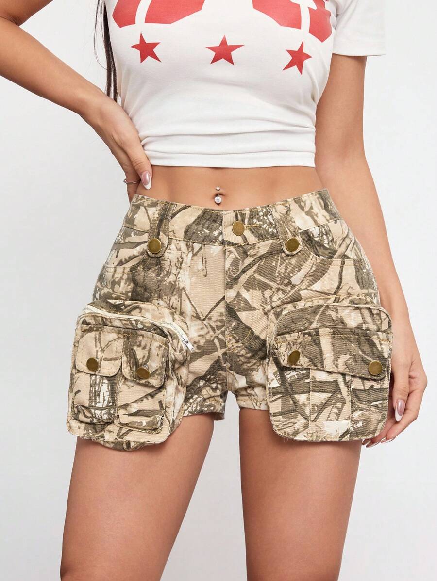 Rina Fox Shorts vaqueros casuales de mujer con estampado de rama floral y bolsillos - Multicolor - Ver 1